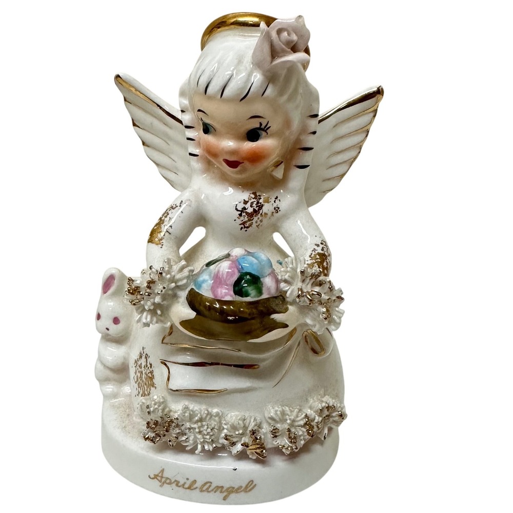 Napco April Angel Figurine A1364 Vintage Easter Ceramic Bunny Spaghetti Trim